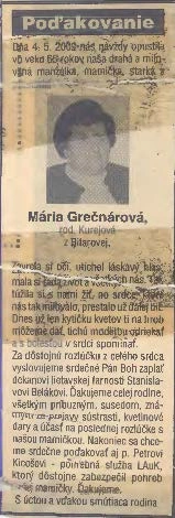 Poďakovanie 332 - pohrebné služby LAuK