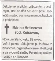 Poďakovanie 319 - pohrebné služby LAuK