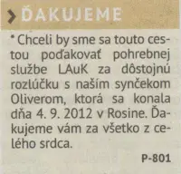 Poďakovanie 305 - pohrebné služby LAuK
