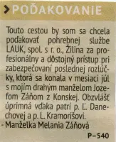 Poďakovanie 297 - pohrebné služby LAuK