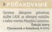 Poďakovanie 295 - pohrebné služby LAuK