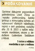Poďakovanie 288 - pohrebné služby LAuK