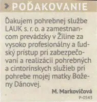 Poďakovanie 277 - pohrebné služby LAuK
