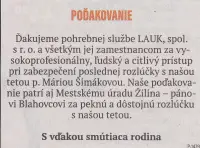 Poďakovanie 250 - pohrebné služby LAuK