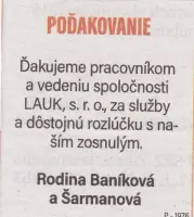 Poďakovanie 226 - pohrebné služby LAuK