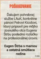 Poďakovanie 204 - pohrebné služby LAuK