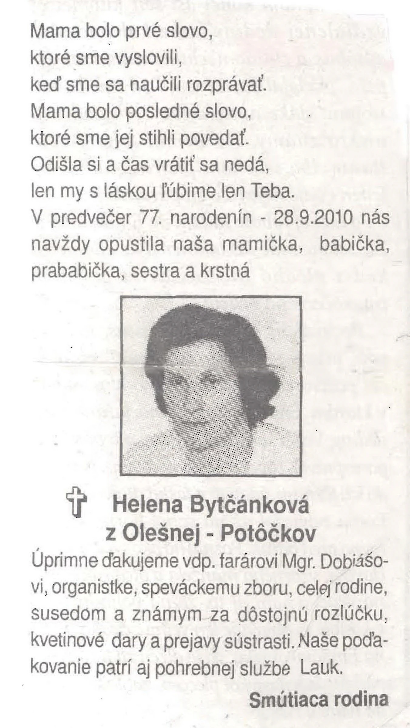 Poďakovanie 327 - pohrebné služby LAuK