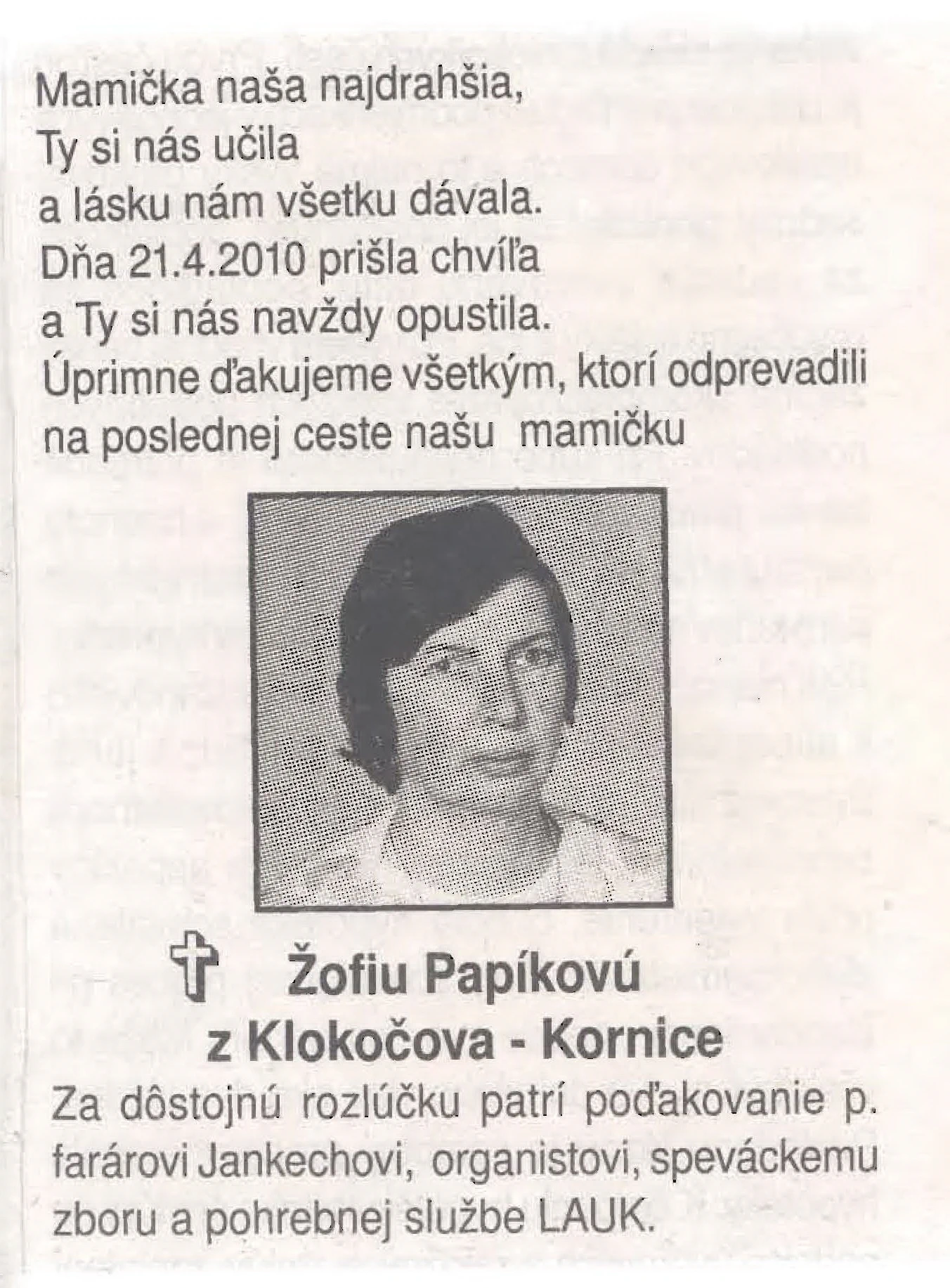 Poďakovanie 326 - pohrebné služby LAuK