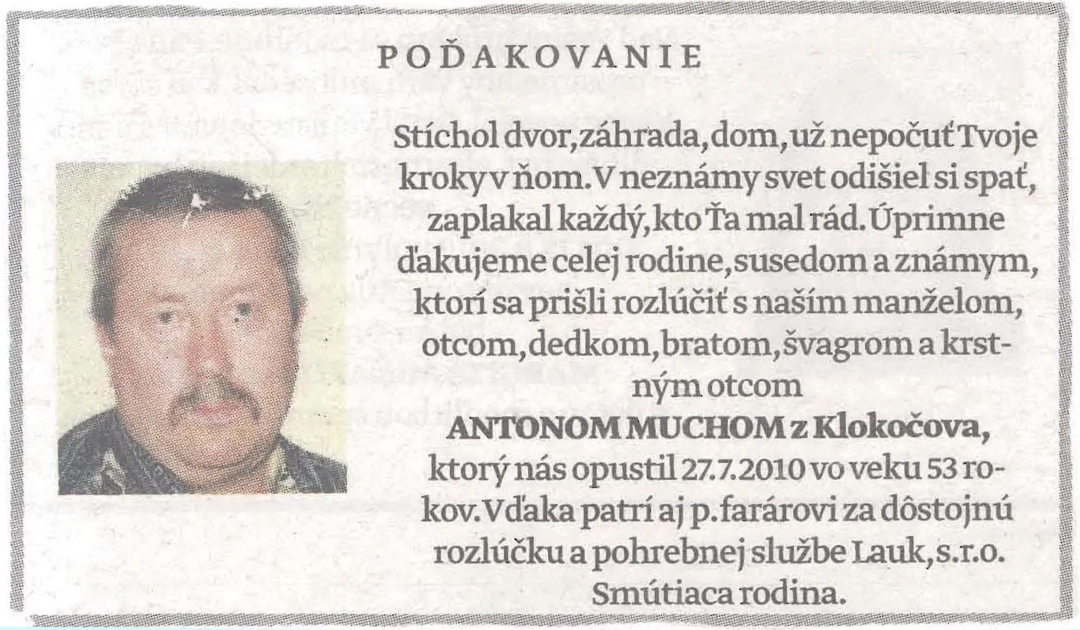 Poďakovanie 324 - pohrebné služby LAuK