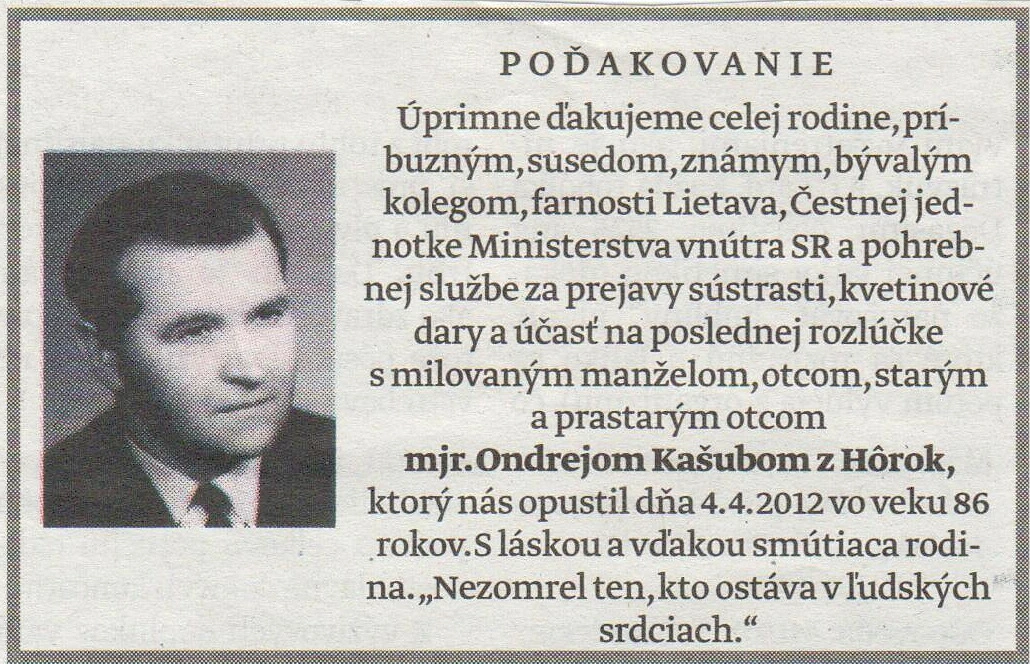 Poďakovanie 312 - pohrebné služby LAuK