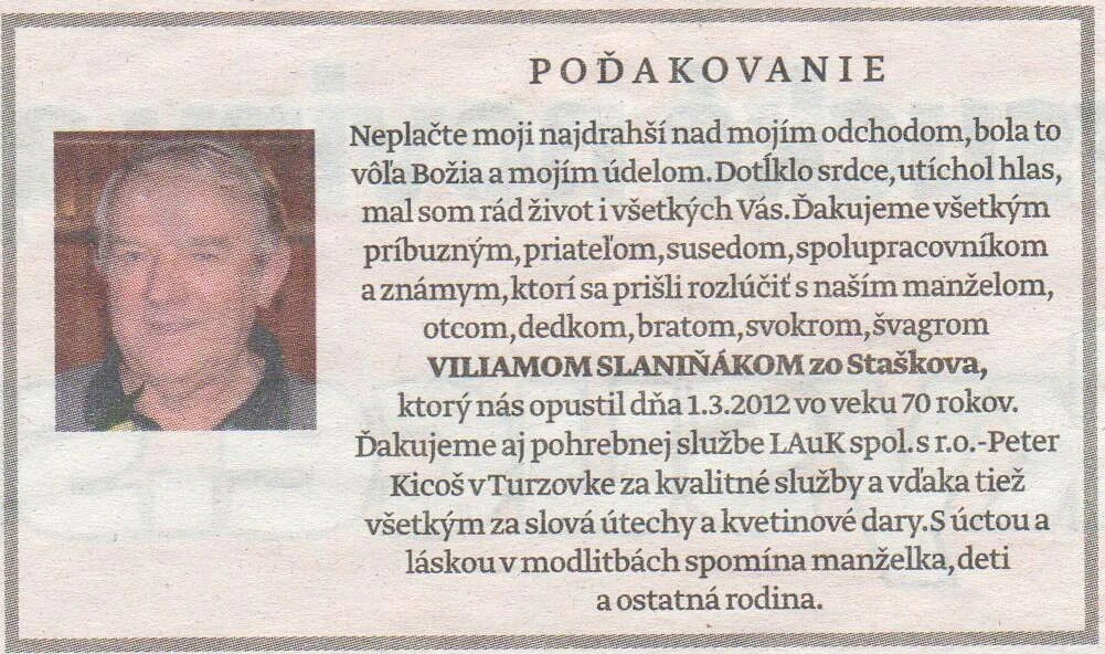 Poďakovanie 311 - pohrebné služby LAuK