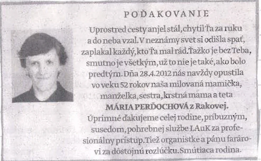 Poďakovanie 307 - pohrebné služby LAuK