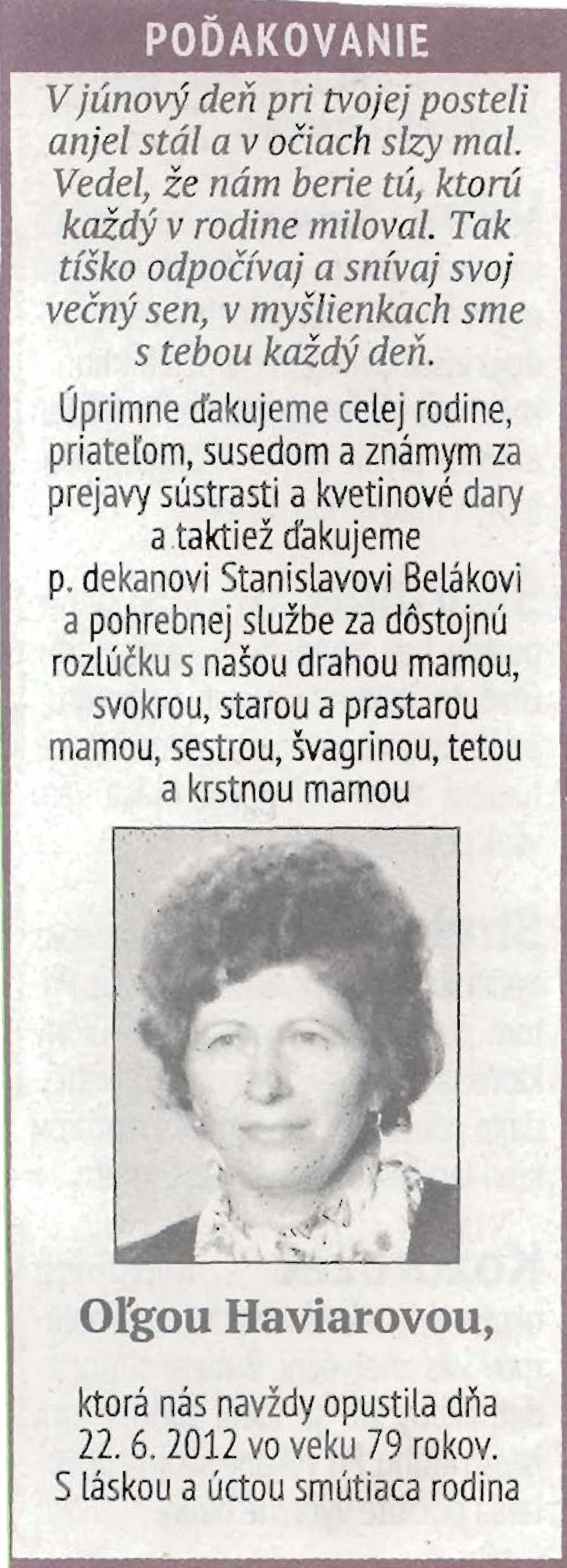 Poďakovanie 306 - pohrebné služby LAuK
