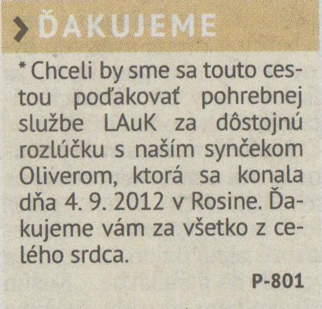 Poďakovanie 305 - pohrebné služby LAuK