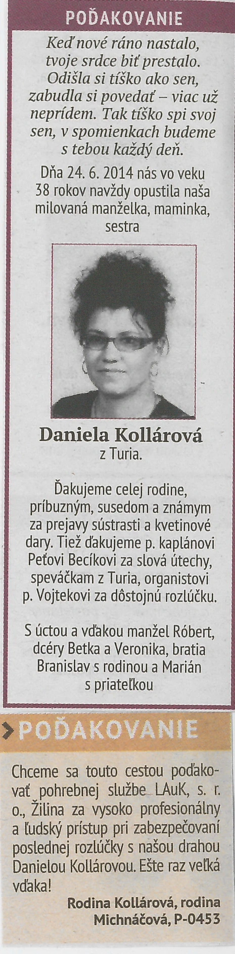Poďakovanie 299 - pohrebné služby LAuK