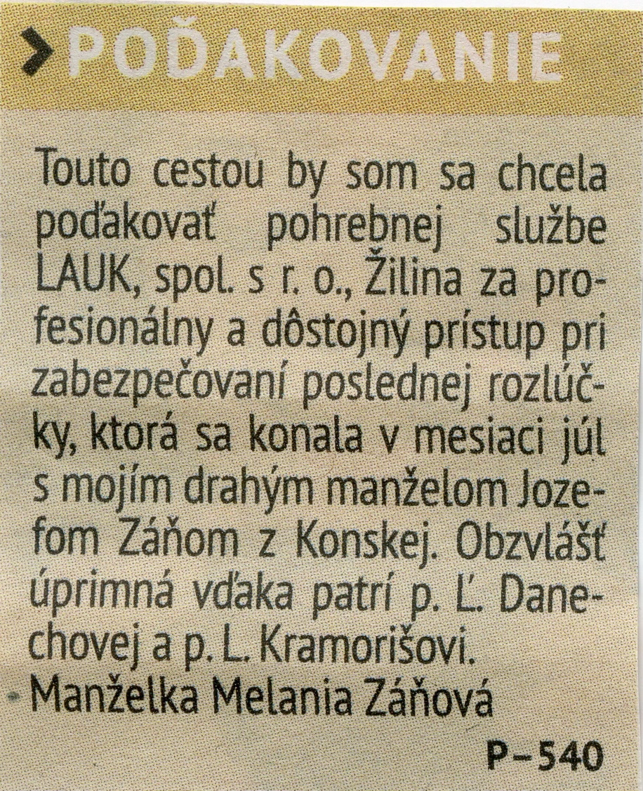 Poďakovanie 297 - pohrebné služby LAuK