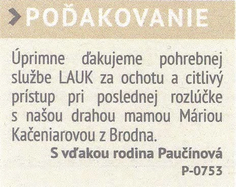 Poďakovanie 296 - pohrebné služby LAuK