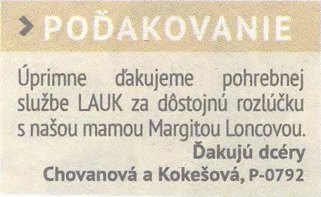 Poďakovanie 295 - pohrebné služby LAuK