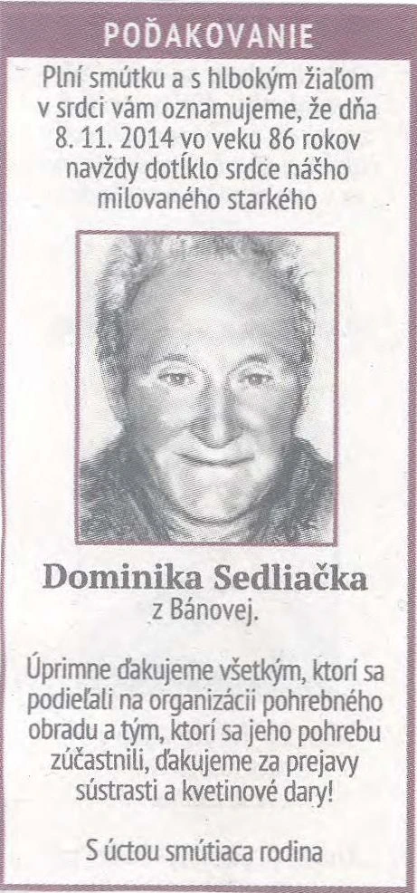 Poďakovanie 294 - pohrebné služby LAuK