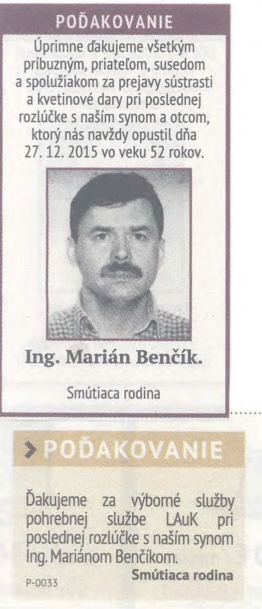 Poďakovanie 287 - pohrebné služby LAuK