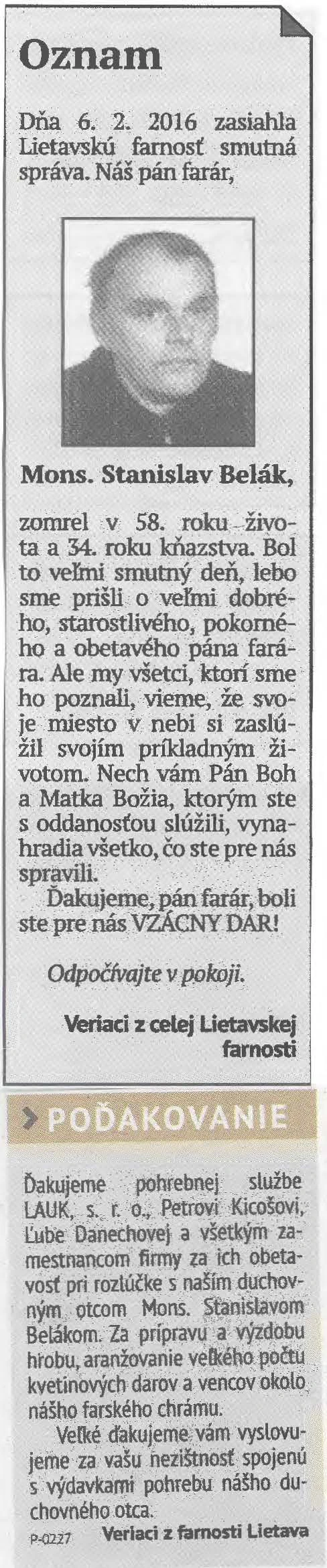 Poďakovanie 286 - pohrebné služby LAuK