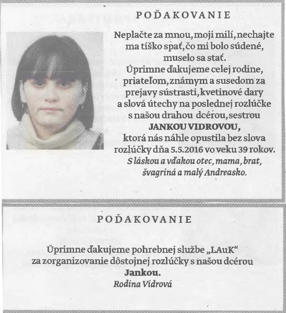 Poďakovanie 283 - pohrebné služby LAuK