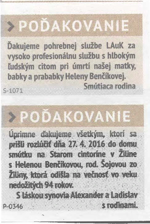 Poďakovanie 282 - pohrebné služby LAuK