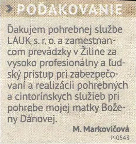 Poďakovanie 277 - pohrebné služby LAuK