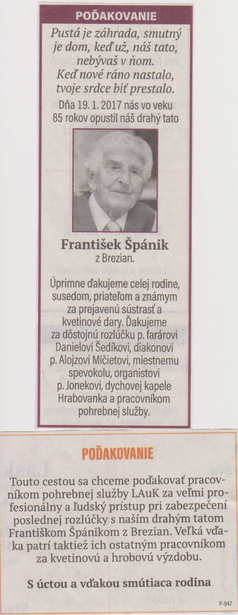 Poďakovanie 268 - pohrebné služby LAuK