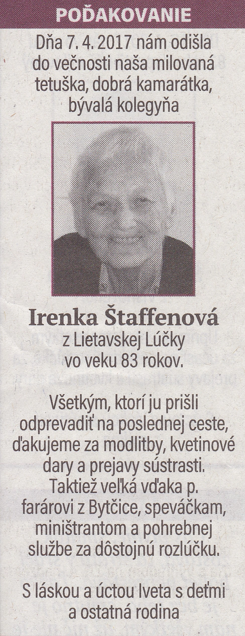 Poďakovanie 265 - pohrebné služby LAuK