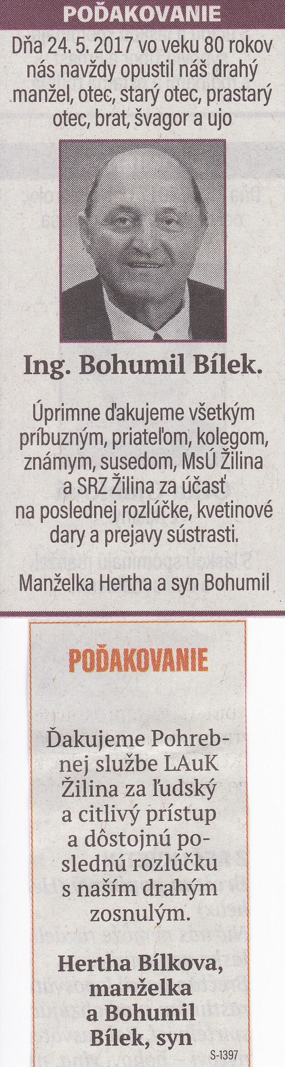 Poďakovanie 261 - pohrebné služby LAuK