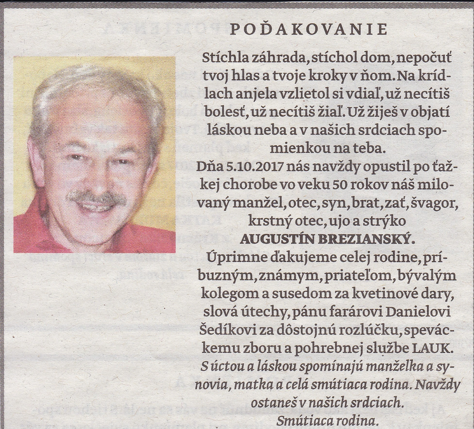 Poďakovanie 254 - pohrebné služby LAuK