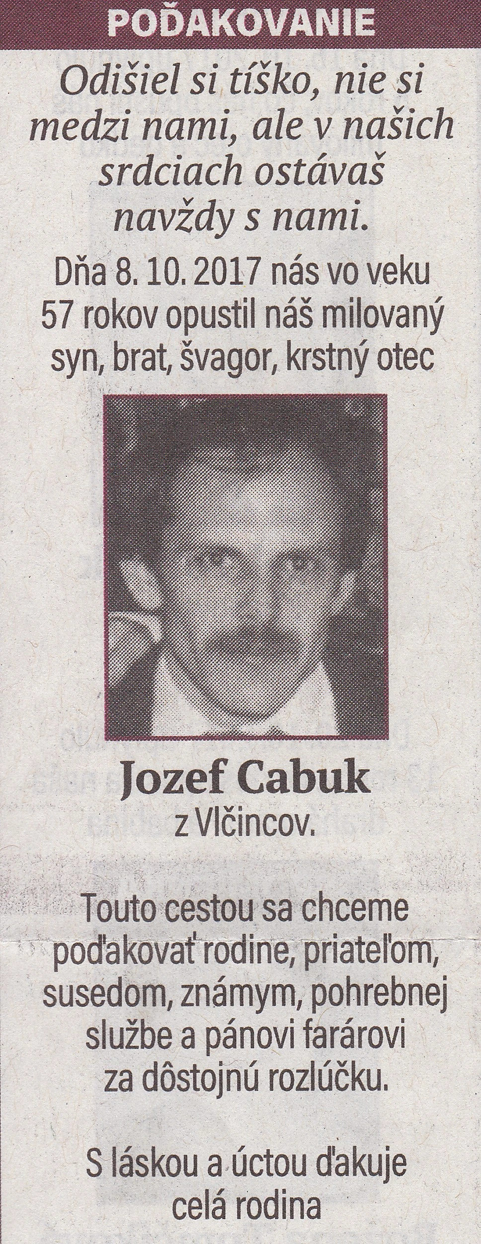 Poďakovanie 252 - pohrebné služby LAuK