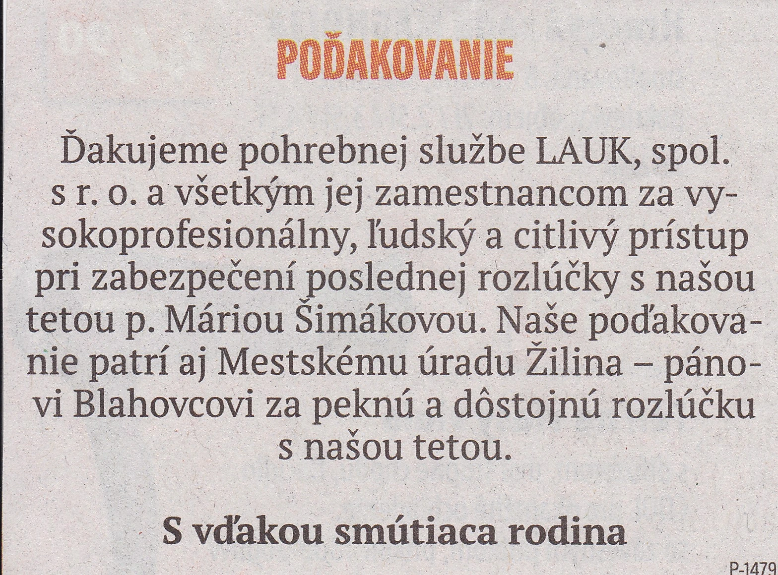 Poďakovanie 250 - pohrebné služby LAuK