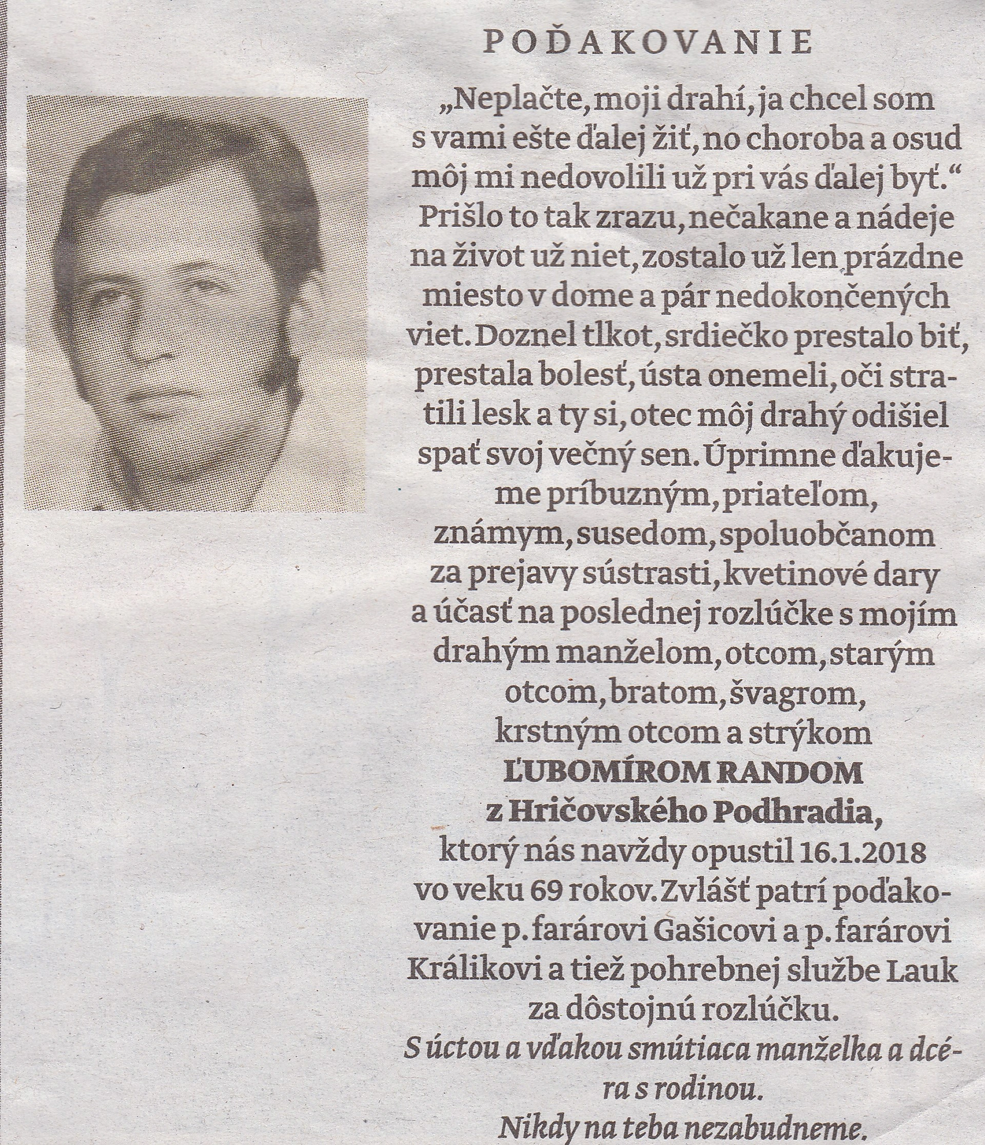 Poďakovanie 244 - pohrebné služby LAuK