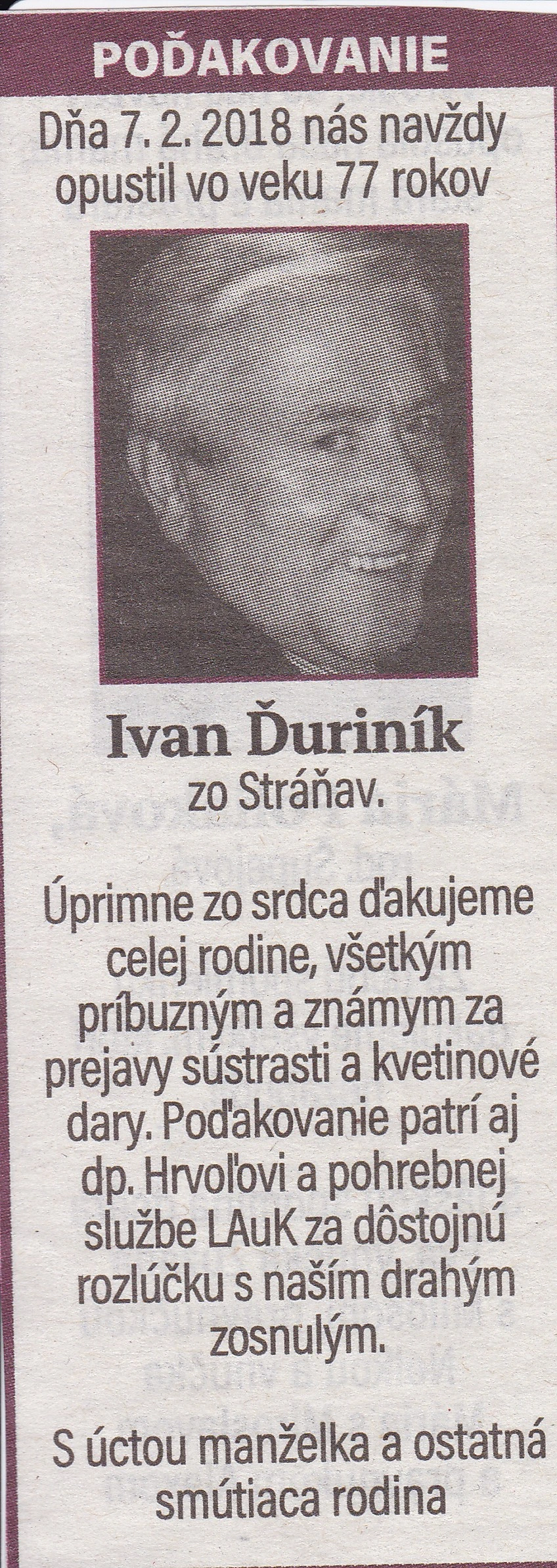 Poďakovanie 241 - pohrebné služby LAuK