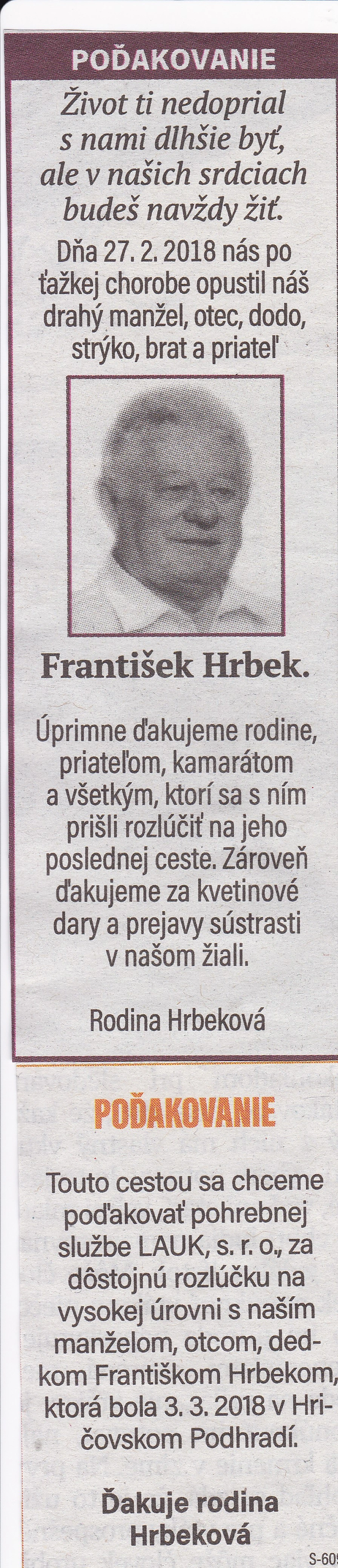 Poďakovanie 240 - pohrebné služby LAuK