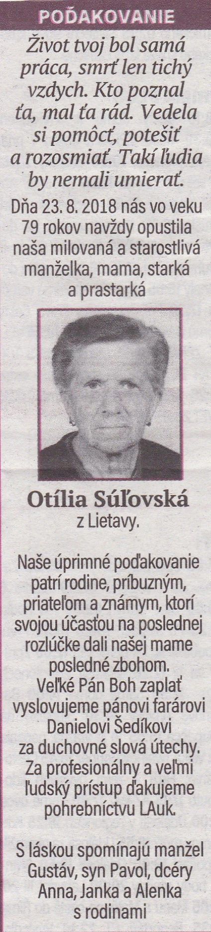 Poďakovanie 230 - pohrebné služby LAuK