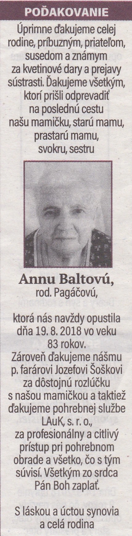 Poďakovanie 228 - pohrebné služby LAuK