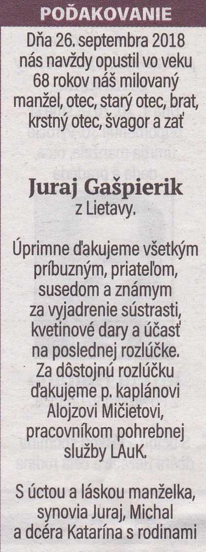 Poďakovanie 227 - pohrebné služby LAuK