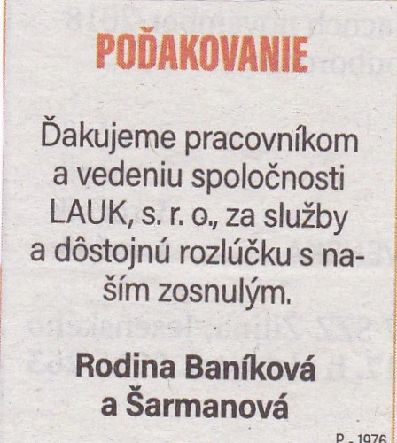 Poďakovanie 226 - pohrebné služby LAuK