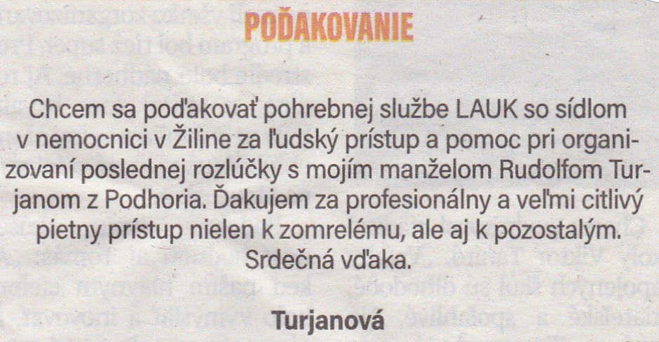 Poďakovanie 223 - pohrebné služby LAuK