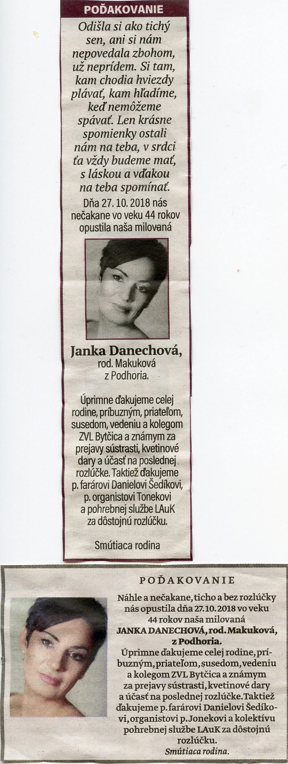 Poďakovanie 222 - pohrebné služby LAuK