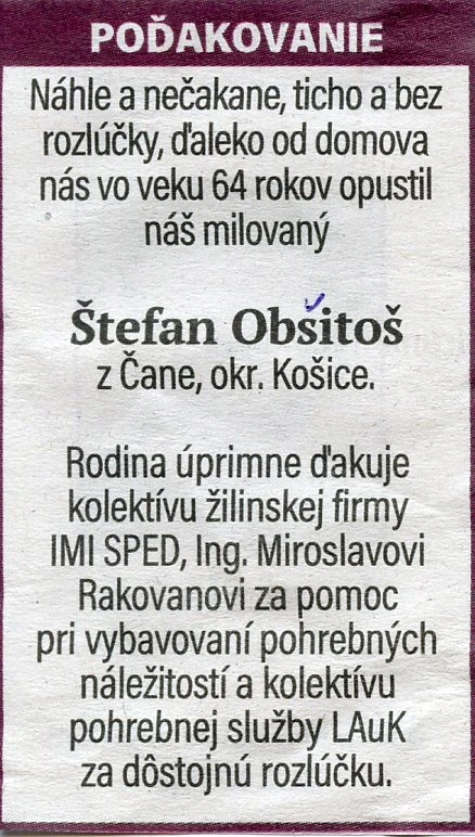 Poďakovanie 220 - pohrebné služby LAuK