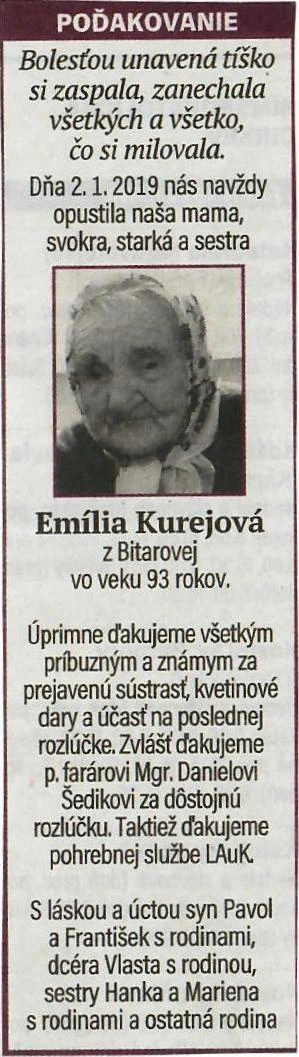 Poďakovanie 216 - pohrebné služby LAuK