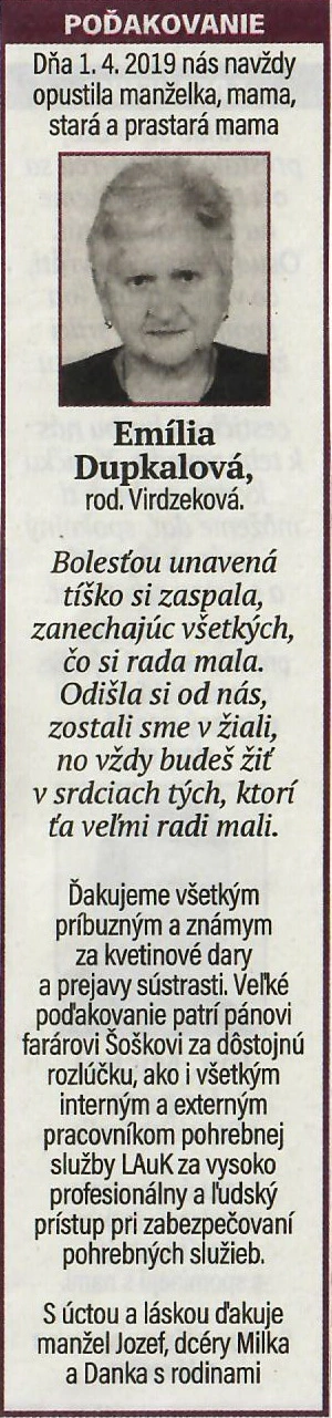 Poďakovanie 213 - pohrebné služby LAuK