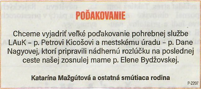 Poďakovanie 212 - pohrebné služby LAuK