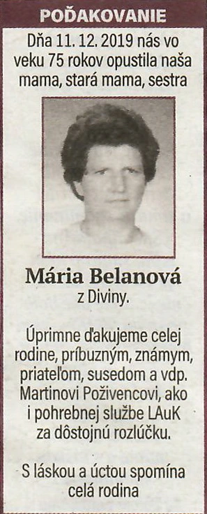Poďakovanie 198 - pohrebné služby LAuK