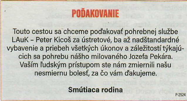 Poďakovanie 195 - pohrebné služby LAuK