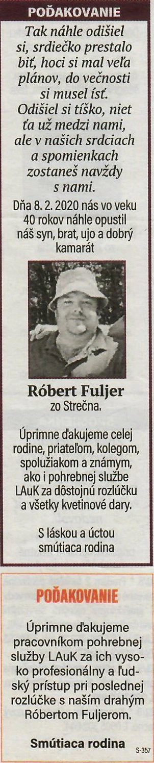 Poďakovanie 190 - pohrebné služby LAuK